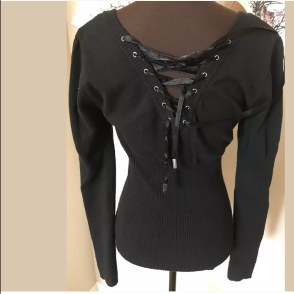 Guess || Black Rhinestone Lace Up Sweater - Picture 3 of 7